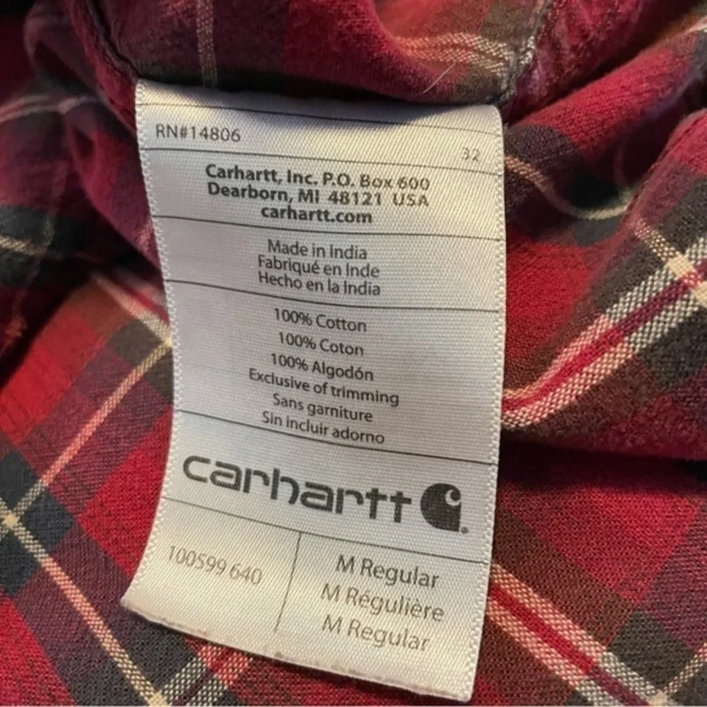 Carhartt Red Black‎ Plaid Long Sleeve Button Up 100% Cotton Men’s Size Medium